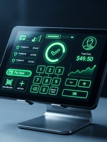 Macro studio shot of a sleek Android retail tablet displaying a custom checkout interface with bright neon-green UI elements, high contrast black background, cool-toned studio lighting