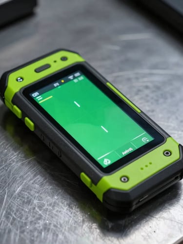 A rugged Android handheld scanner resting on a dark steel workbench, screen displaying a high-contrast green telemetry interface, sharp neon-green accents, cool studio lighting, macro lens