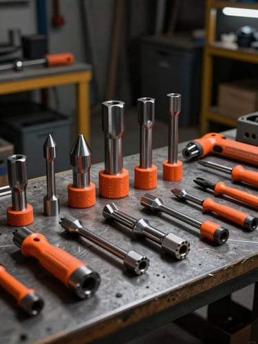 Industrial heavy-duty steel tools organized on a workshop table, safety orange accents, dramatic high-contrast warehouse lighting, 50mm lens