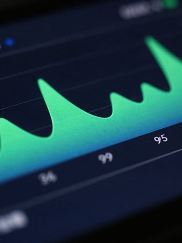 Macro close-up of a high-refresh-rate Android screen displaying fluid UI frame-rate graphs, dramatic green and blue neon rim lighting, deep charcoal background, shallow depth of field