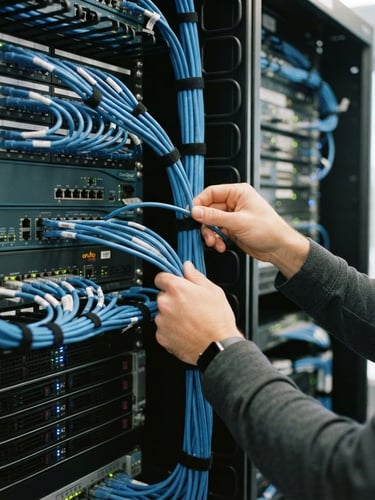 Close-up of a technician's hands organizing blue ethernet cables in a clean server rack, bright office lighting, professional 35mm photography