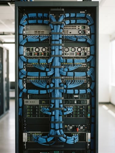 A clean corporate server rack with neatly organized blue ethernet cables, bright natural office lighting, professional 35mm photography