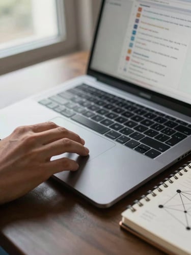 Close-up of hands navigating a CRM contact timeline on a laptop trackpad, natural office window light from the left, notebook with network sketches visible at the edge of the frame