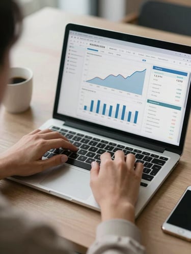 Over-shoulder view of hands typing on a laptop, a marketing analytics dashboard visible on screen with chart lines and campaign metrics, natural overcast office light from the left, desk corner and coffee cup in soft focus