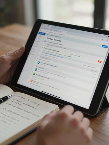 Close-up of a tablet screen showing a CRM contact record mid-edit, a hand holding the tablet, open notebook with relationship notes beside it on a desk, diffused window light from behind