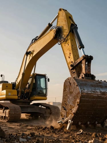 Low-angle cinematic shot of a massive steel excavator bucket digging into dark earth, high contrast, dramatic golden hour lighting, dust particles in the air