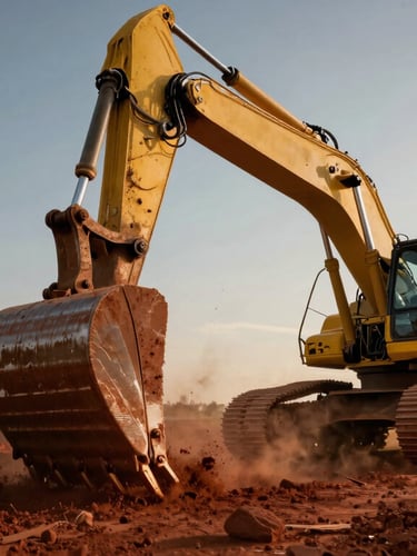 Low-angle dramatic shot of a heavy excavator steel bucket digging into dark red clay soil, high contrast, dust in the air, golden hour lighting.