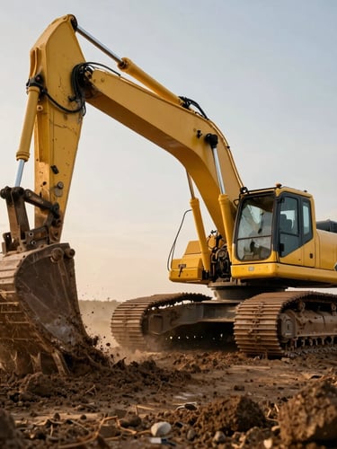 Low angle cinematic shot of a massive yellow excavator digging deep dark soil, heavy steel tracks covered in mud, dramatic golden hour lighting, dust in the air