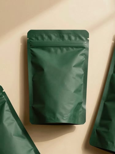Overhead flat lay of sleek, unmarked dark green packaging on a warm cream surface with soft window shadows, editorial 35mm photography