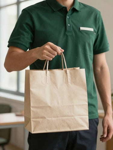 Warm editorial photograph of a professional courier in a clean, minimalist uniform holding an unmarked luxury paper bag, soft natural window light, shallow depth of field, 35mm