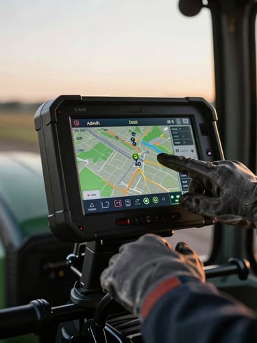 Close-up of a rugged Android terminal mounted inside a tractor cabin, high-contrast navigation map glowing on the screen, hands in work gloves touching the display, dramatic late-afternoon light.