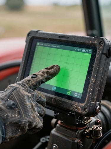 Close-up of a hand in a thick work glove tapping a rugged 10-inch Android terminal mounted inside a dusty tractor cab, bright green interface showing grid lines.