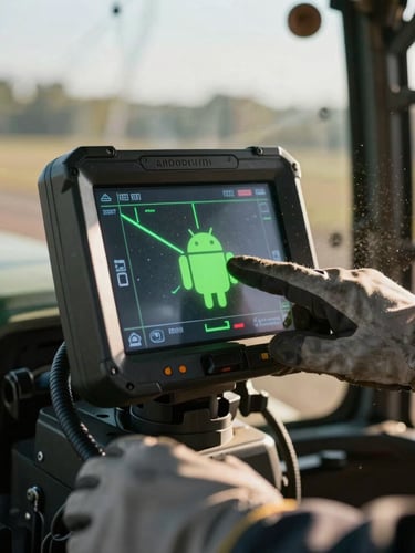 Dramatic close-up of a rugged Android terminal mounted inside a tractor cab, glowing green navigation lines on screen, dust particles visible in late-afternoon sun rays, hands in work gloves touching the display.