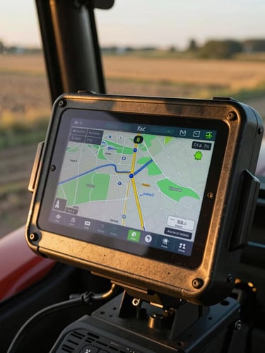 Close-up of a rugged Android terminal mounted inside a tractor cabin, glowing high-contrast navigation map on screen, late-afternoon golden hour light casting long shadows over fields outside the window.