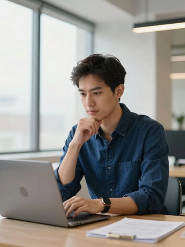 A professional environmental portrait of a focused entrepreneur in a bright modern workspace with subtle gold accents, looking thoughtfully at a laptop screen, 35mm photography