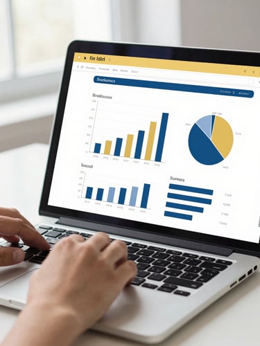 Bright editorial photography, close-up of hands analyzing clean charts on a laptop screen with a gold and deep blue interface, natural workspace light, 35mm