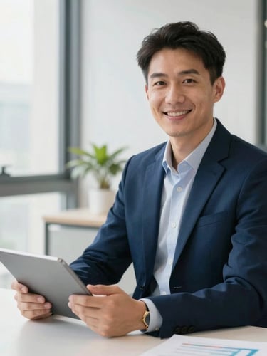 Editorial portrait of a business consultant smiling in a bright, modern office, holding a tablet with clean graphs, natural light, professional and approachable atmosphere.