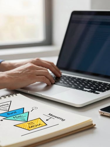 Close-up of hands typing on a laptop next to a notebook with drawn marketing funnels, warm window light, clean modern office, shallow depth of field