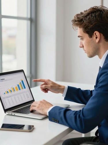 Bright editorial photography of a focused entrepreneur analyzing real sales metrics on a laptop screen, clean modern workspace, natural window light, deep blue and gold accents, shallow depth of field, 35mm.