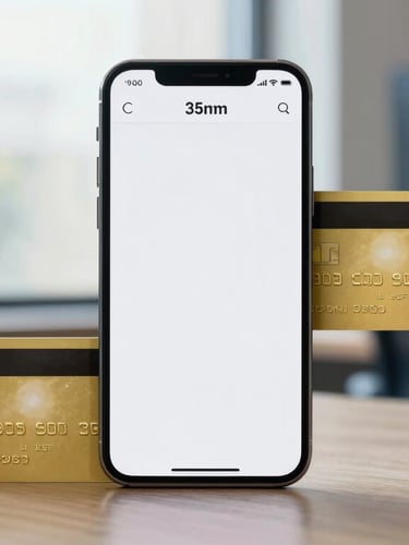 Editorial portrait of a modern smartphone displaying a clean digital checkout screen with a gold card next to it, natural window light, shallow depth of field, 35mm.