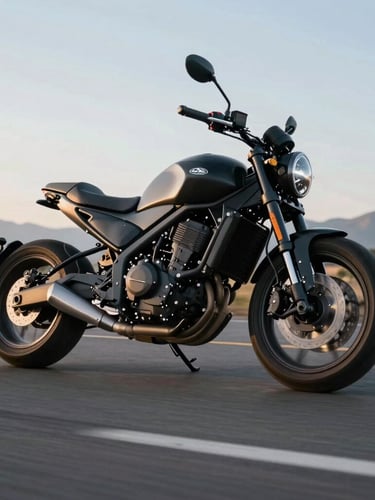 Low-angle dynamic tracking shot of a matte black electric motorcycle accelerating on a clean asphalt road in Santa Rosa, crisp morning light reflecting on its metallic battery hub.