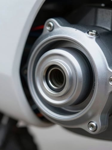 Close-up macro of an electric motorcycle battery hub and motor casing, clean industrial design with metallic finish under cold overcast daylight, sharp focus on the charging port.