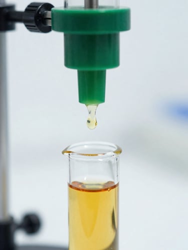 Crisp macro photograph of steam distillation laboratory apparatus, pure amber essential oil dripping into a clear glass vial, bright natural daylight, clean white laboratory background.