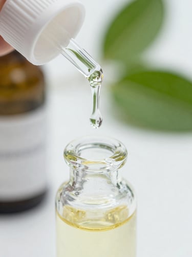 Macro close-up of pure essential oil dripping into a clear glass vial, bright natural laboratory light, sterile environment