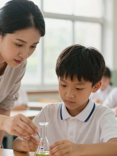 A warm candid medium close-up of a teacher guiding a young student through a science experiment, natural window light, soft focus background