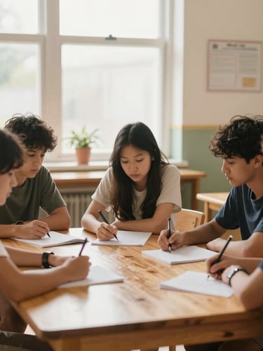 A wide shot of an active, warm-lit classroom with students collaborating around a wooden table, natural window light, authentic and focused atmosphere.
