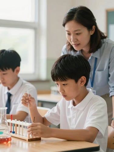 A warm, window-lit photo of a teacher guiding a middle school student through a hands-on science experiment, focus on their engaged expressions, shallow depth of field.