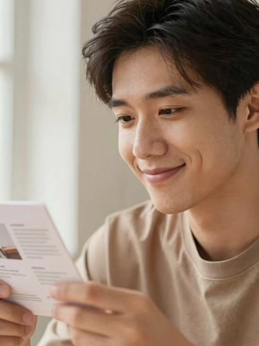 Medium close-up portrait of a young adult looking at a visual career exploration card with a thoughtful smile, soft natural window light, warm editorial photography, optimistic earthy tones, shallow depth of field, 35mm