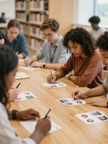 A warm, natural light photograph of diverse individuals in a bright public library workshop, collaborating over visual career cards on a wooden table, shallow depth of field, 35mm.