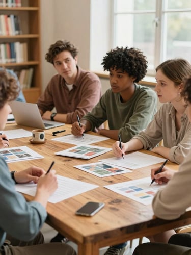 A collaborative workshop scene in a bright public library, diverse participants talking over visual materials on a rustic wooden table, soft natural window light, warm tones.