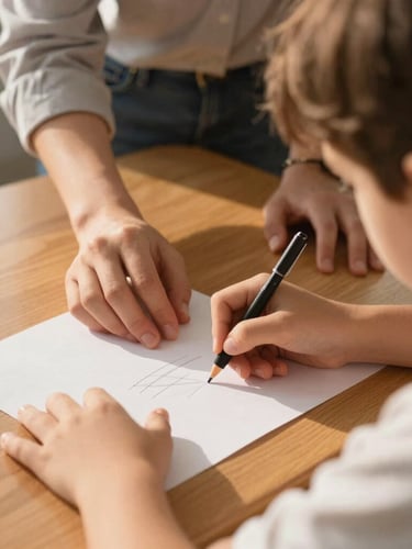 Eye-level close-up of a teacher's hand guiding a young student's writing on a wooden desk, warm golden hour natural light.