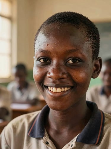 A close-up, eye-level portrait of a young Ugandan student smiling warmly in a sunlit classroom in Wakiso, soft golden light filtering through the window, shallow depth of field.