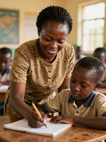 Eye-level natural daylight portrait of a smiling Ugandan teacher guiding a young student's hand as they write in a notebook, warm golden tones, classroom background.