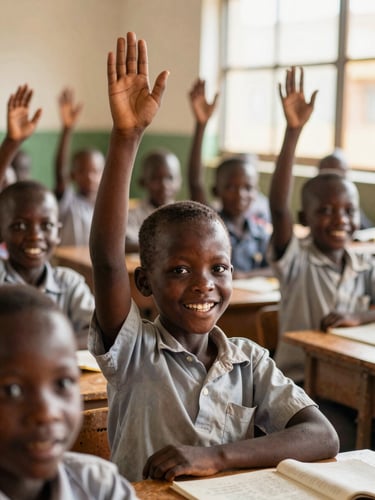 Eye-level daylight shot of smiling Ugandan school children raising hands in a bright classroom in Wakiso District, natural warm lighting.