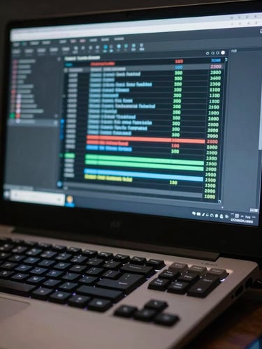 Tight macro shot of a terminal window displaying a real-time model evaluation log, cool-toned screen glow illuminating a mechanical keyboard in a dark room.