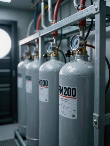 Panoramic close-up of a row of FM200 suppression cylinders mounted on a steel rack inside a data centre suppression room, cool studio strobes from the left edge, cylinder pressure gauges in sharp foreground focus, cables and conduit visible behind