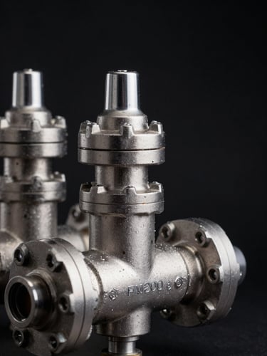 Extreme close-up of an FM200 suppression cylinder manifold block, cool studio strobe lighting raking across stainless valve bodies, engineering detail sharp against near-black background, left-edge framing with negative space on right