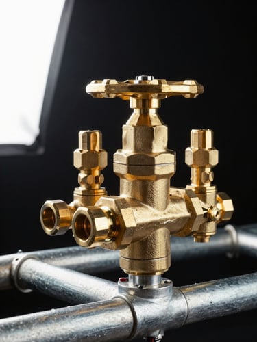 Extreme close-up of a brass suppression valve manifold mounted on a steel pipe rack, cool studio strobe from upper-left raking across the machined fittings and pressure test ports, black background, industrial precision detail