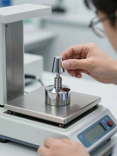 Close-up of a certified technician placing a highly polished chrome calibration weight onto a high-precision laboratory analytical balance, bright neutral daylight, crisp high-contrast technical details
