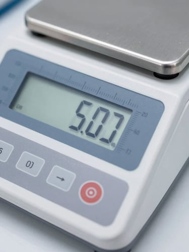 Sharp macro shot of a digital scale indicator displaying precise metric numbers under bright neutral white studio light, 50mm