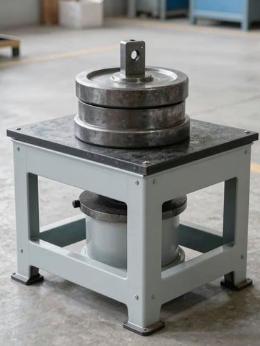 Vertical portrait shot of a heavy-duty industrial platform scale on a clean concrete warehouse floor, a technician placing a large steel test weight on the platform, bright neutral daylight, sharp technical details, 50mm.