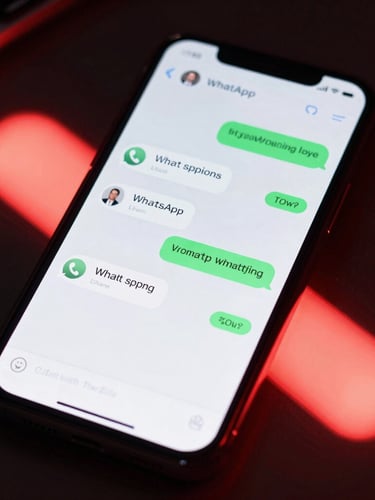 Close-up of a smartphone screen showing active WhatsApp sales conversations with clean interfaces, dark editorial tech photography, sharp studio lighting, vibrant red accent lights.