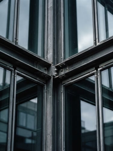 Macro close-up of structured steel and glass architectural panels under cool, diffused Nordic daylight, high contrast charcoal and steel tones, sharp focus, 35mm