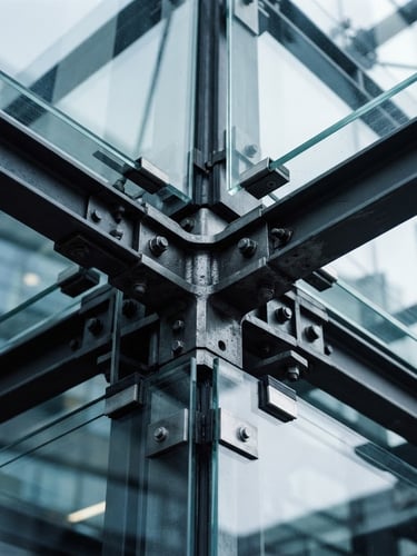 Macro close-up of high-contrast structured steel joints and glass panels under cool, diffused Nordic daylight, sharp focus, 35mm