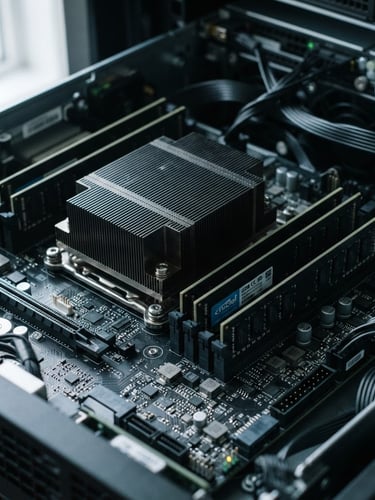 Macro close-up of clean-compiled server hardware under cool diffused Nordic daylight, high contrast charcoal and steel tones, sharp focus, 35mm