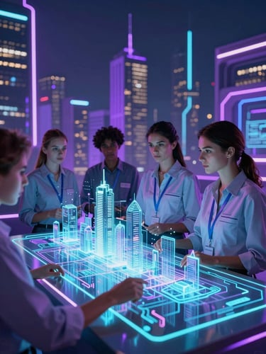 Futuristic digital photography of a diverse female engineer analyzing a glowing holographic smart city layout, neon purple and cyan reflections, sharp focus, cinematic wide-angle